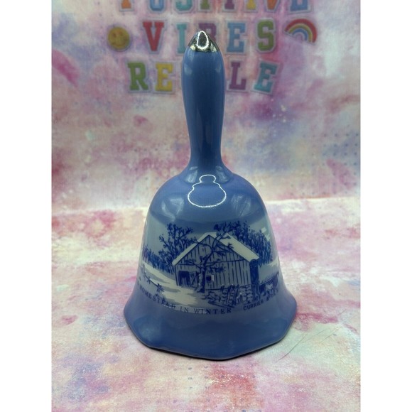 Porcelain Blue Table Bell Currier & Ives The Old Homestead in Winter ~ Vintage - Picture 1 of 6